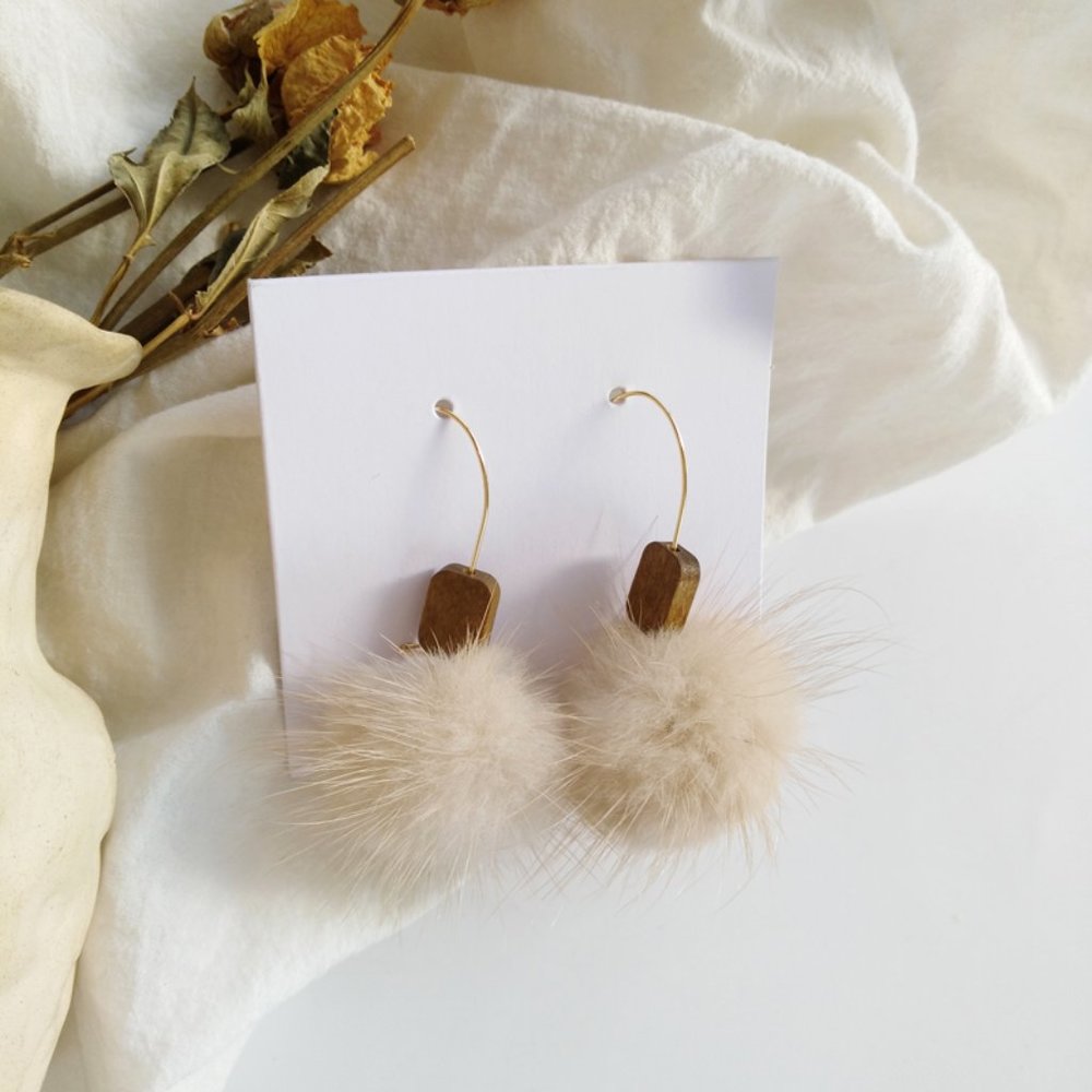 Furry Fur Ball Wood Hook Earrings - Picture 3 of 15